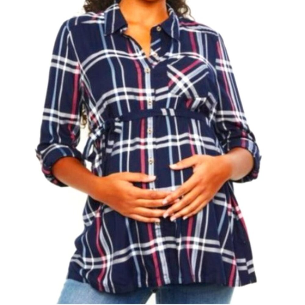 Motherhood Maternity Navy Plaid Button Down Flannel Tunic, S NWT